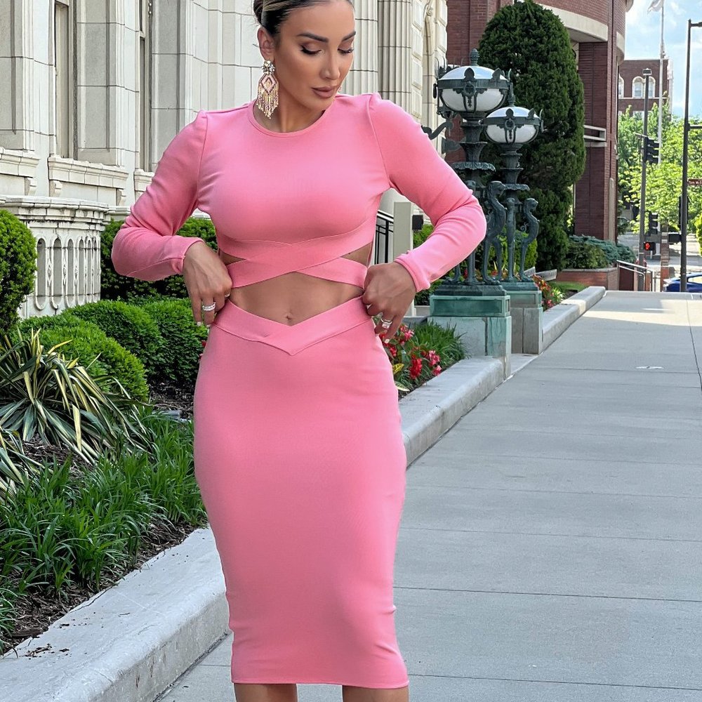 Byegreis Odette Bandage Bodycon Shirt & Skirt SET Pink NWT S